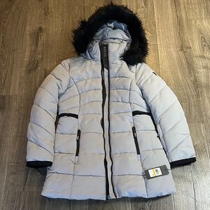 Guess Light Gray Puffer Jacket with Black Fur Trim